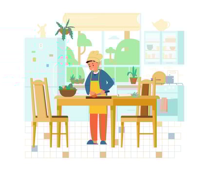 Boy In Chef Hat And Apton Making Salad In The Kitchen Flat Vector Illustration. Kitchen Interior With Wooden Furniture, Window, Fridge, Plants, Table With Chairs.