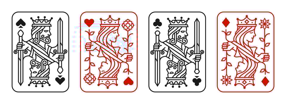 King and queen playing card vector illustration set of hearts, Spade, Diamond and Club, Royal cards design collection