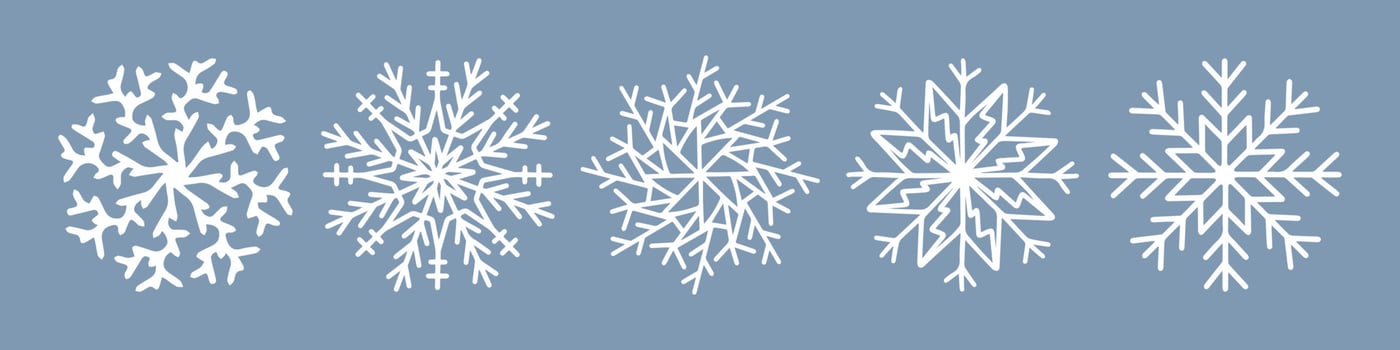 Hand drawn snowflake vector icon collection, winter snow symbol isolated on white background. Merry Christmas and Happy New Year typography elements. Doodle vintage illustration, greeting card.