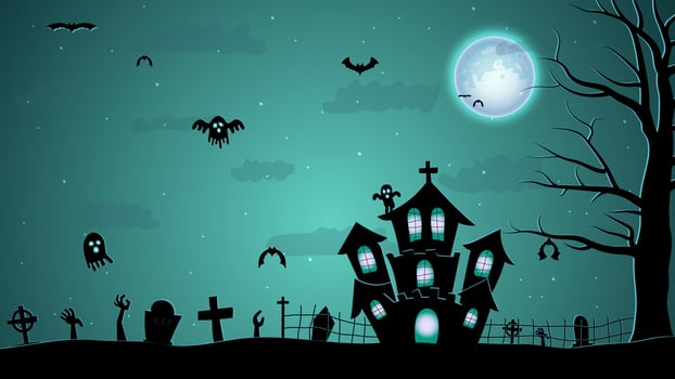 Halloween illustration with silhouettes of halloween pumpkins, spooky tree, vintage haunted house and bats flying over cemetery flat in moonlight vector