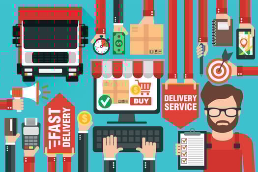 Fast delivery package by delivery truck . Online delivery service consultant. Internet e-commerce. Shopping online on computer or website. Concept flat design vector