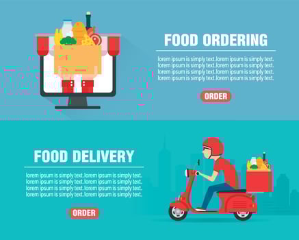 Food ordering concept design flat banners set. Food Delivery man ride scooter motorcycle. Food icon vector