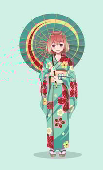 Anime manga girls in traditional Japanese kimono costume holding paper umbrella. Vector illustration on isolated background