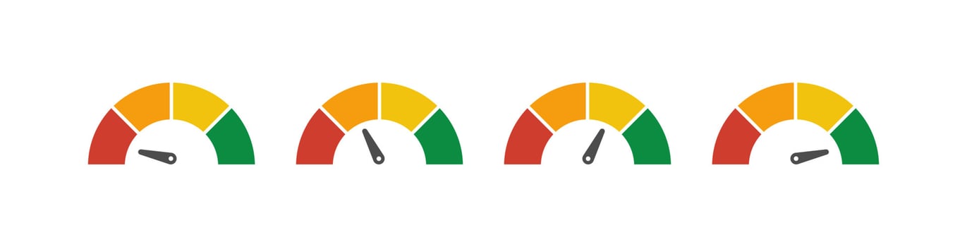 Set of vector speedometer meter with arrow for dashboard with green, yellow, red indicators. Gauge of tachometer. Low, medium, high and risk levels. Bitcoin fear and greed index cryptocurrency