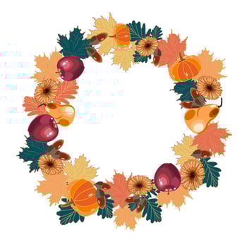 Autumn decorative wreath with oak leaves, acorns, maple, pumpkins, apples, pears, and gerbera flowers vector