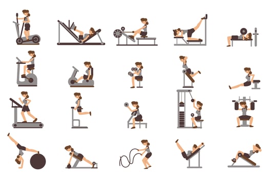 Workout women set. Female doing fitness and yoga exercises. Full body workout. vector
