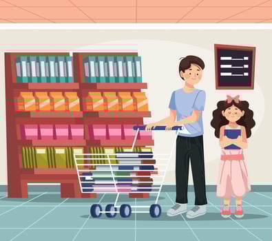 dad and daughter buying supplies vector