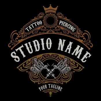 vintage tattoo studio logo with 2 tattoo machine vector