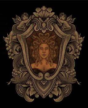 Illustration medusa head with engraving ornament frame vector