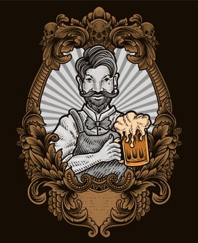Illustration vintage bartender with antique engraving frame vector