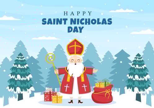 Saint Nicholas Day or Sinterklaas Celebration Template Hand Drawn Cartoon Flat Illustration with Gift Box and Winter Background Design vector
