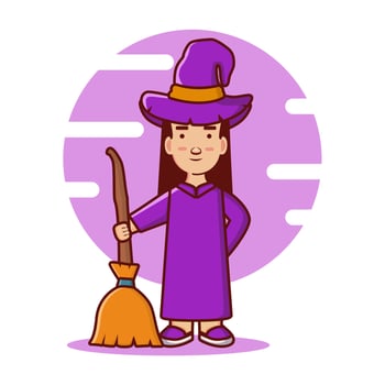 vector character cartoon witch woman in hat carrying broom