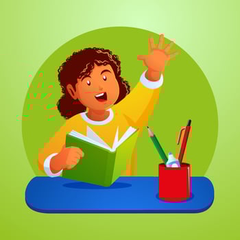 little boy studying in class and raising hand asking teacherPrint vector