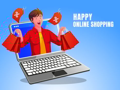 a happy shopping man with a laptop vector