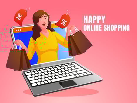 a happy shopping woman with a laptop vector
