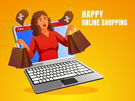 a happy shopping woman with a laptop vector