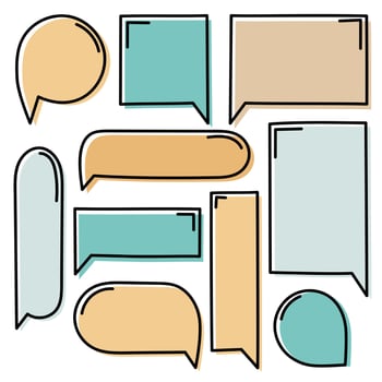 collection set of cute hand drawn line frame border, blank speech bubble balloon circle and square shape orange and green color, think, speak, talk, text box, banner, flat design vector illustration