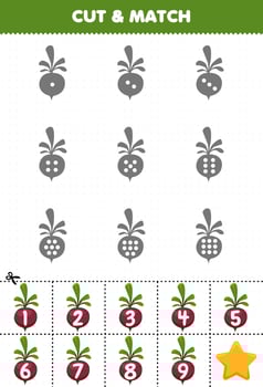 Educational game for kids count the dots on each silhouette and match them with the correct numbered beet vegetables printable worksheet vector