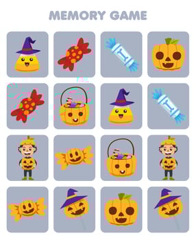 Education game for children memory to find similar pictures of cute cartoon corn candy pumpkin boy costume halloween printable worksheet vector