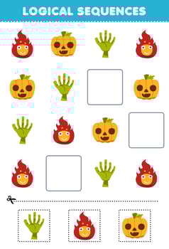 Education game for children logical sequences for kids with cute cartoon fire hand pumpkin picture halloween printable worksheet vector