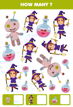 Education game for children searching and counting how many objects of cute cartoon potion bottle voodoo doll witch costume halloween printable worksheet vector