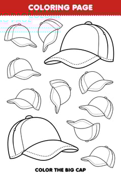 Education game for children coloring page big or small picture of wearable accessories cap line art printable worksheet vector