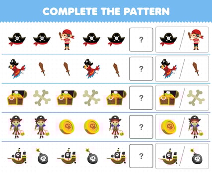 Education game for children complete the pattern by guess the correct picture of cute cartoon pirate costume halloween printable worksheet vector