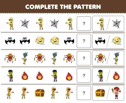 Education game for children complete the pattern by guess the correct picture of cute cartoon mummy costume halloween printable worksheet vector