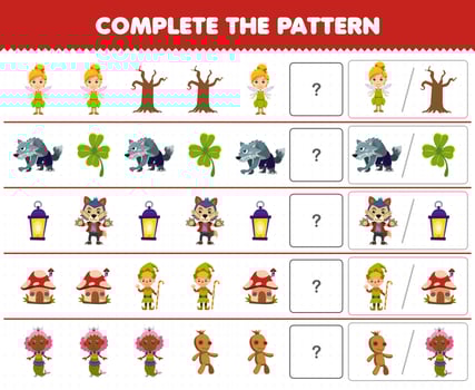 Education game for children complete the pattern by guess the correct picture of cute cartoon werewolf dwarfs fairy costume halloween printable worksheet vector