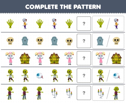 Education game for children complete the pattern by guess the correct picture of cute cartoon zombie costume halloween printable worksheet vector