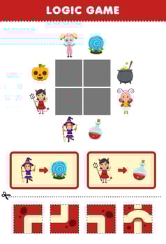 Education game for children logic puzzle build the road for witch and devil girl costume halloween printable worksheet vector