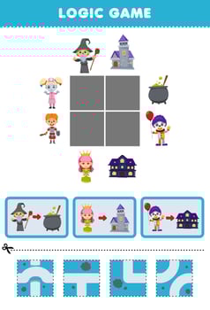 Education game for children logic puzzle build the road for wizard queen and clown costume halloween printable worksheet vector