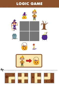 Education game for children logic puzzle build the road for pumpkin boy costume move to basket candy halloween printable worksheet vector