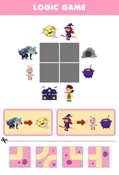 Education game for children logic puzzle build the road for werewolf and witch halloween printable worksheet vector