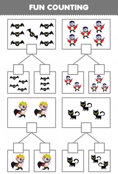 Education game for children fun counting picture in each box of cute cartoon black bat cat dracula costume halloween printable worksheet vector