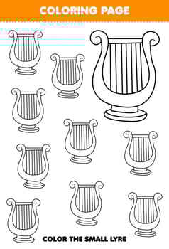 Education game for children coloring page big or small picture of music instrument lyre printable worksheet vector