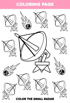 Education game for children coloring page big or small picture of solar system radar and comet line art printable worksheet vector