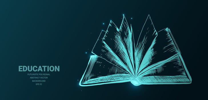 Futuristic illustration with hologram neon open book sketch, concept glowing icon sign on dark background. Vector digital art, technology, education, school, reading, writer, information concept.