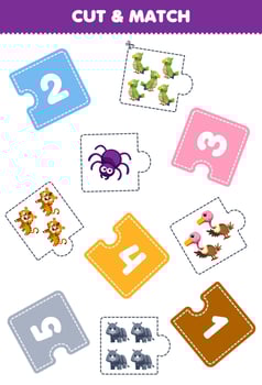 Education game for children cut piece of puzzle and match by number of cute cartoon spider vulture tiger rhino parakeet printable worksheet vector