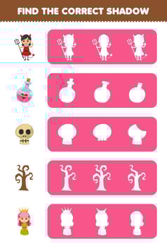 Education game for children find the correct shadow silhouette of cute cartoon devil girl potion bottle skull tree queen halloween printable worksheet vector