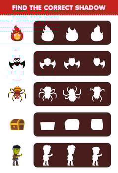 Education game for children find the correct shadow silhouette of cute cartoon fire bat spider chest frankenstein halloween printable worksheet vector