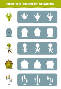 Education game for children find the correct shadow silhouette of cute cartoon hand tombstone spooky house candle zombie halloween printable worksheet vector