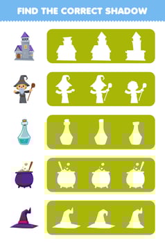 Education game for children find the correct shadow silhouette of cute cartoon castle wizard potion bottle cauldron hat halloween printable worksheet vector