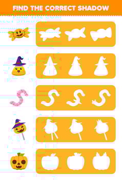 Education game for children find the correct shadow silhouette of cute cartoon corn candy pumpkin worm halloween printable worksheet vector