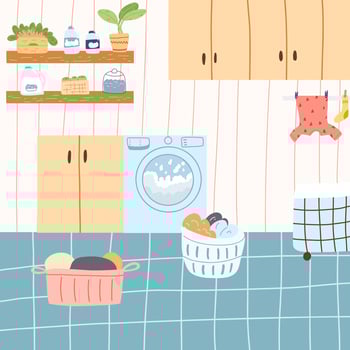 Laundry room with basket full of clothes, shelves with detergents and flowers, wet clothes dry on a rope in cartoon flat style. Vector illustration of bathroom interior.