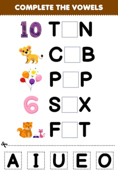 Education game for children complete the vowels of cute cartoon ten cub pop six fat illustration printable worksheet vector