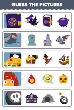Education game for children guess the correct pictures of cute cartoon book bat treasure chest fire bomb halloween printable worksheet vector