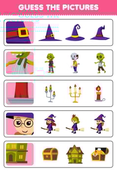 Education game for children guess the correct pictures of cute cartoon hat zombie candle witch spooky house halloween printable worksheet vector