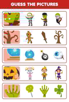 Education game for children guess the correct pictures of cute cartoon frankenstein tree magic orb pumpkin boy green hand halloween printable worksheet vector
