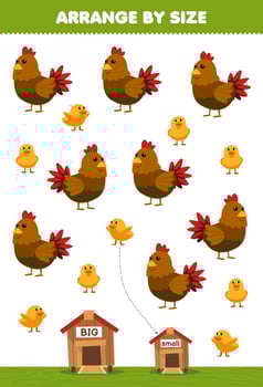 Education game for children arrange by size big or small put it in the coop of cute cartoon chicken printable farm worksheet vector